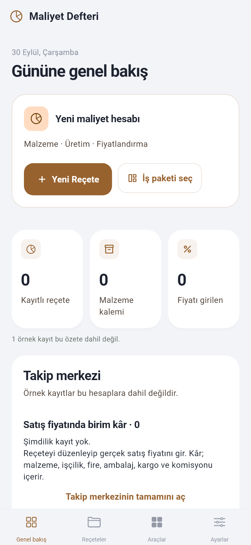 Maliyet Defteri uygulamasının gerçek genel bakış ekranı