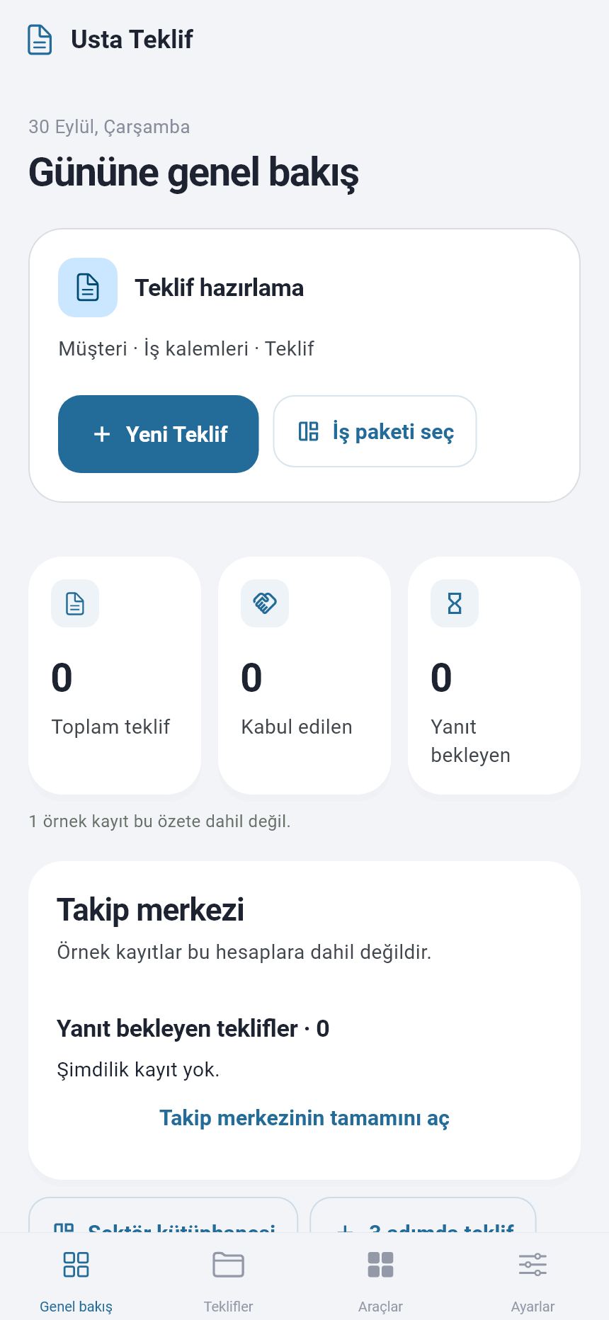 Usta Teklif uygulamasının gerçek genel bakış ekranı
